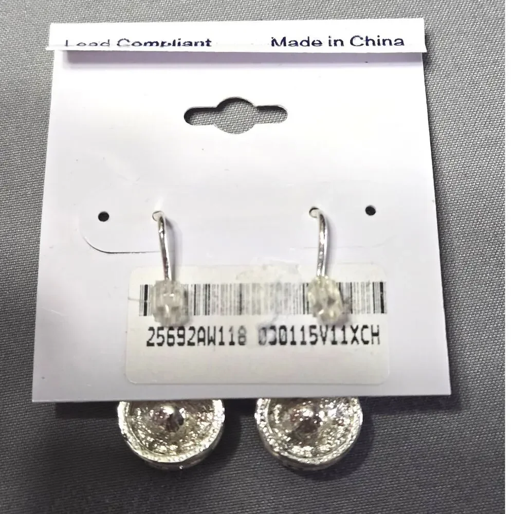 Dark Blue Crystal Halo Drop Earrings Silver Tone